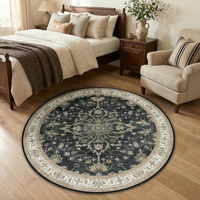 RELEANY Area Rugs Round 4ft Washable Non-Slip, Floral Vintage Distress Medallion Carpet for Living Room Bedroom Dining Room, Vintage Black Brown Neutral