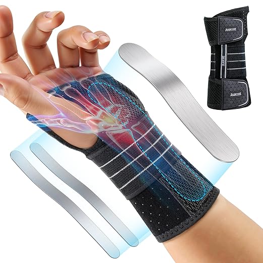 Rakiie Carpal Tunnel Wrist Brace Left Hand, Adjustable Night Wrist Support with 3 Metal Splints, Hand Brace for Men Women No Pressure on Thumb, Splint Stabilizer for Work, Arthritis, Gray Small
