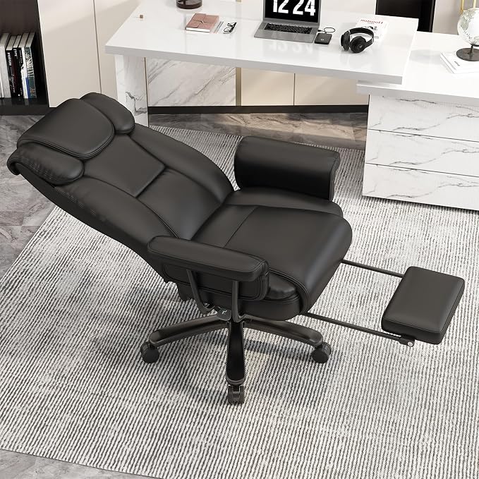 GYI 160 Reclining Office Chair with Footrest, Big & Tall Desk Chair, Black | Cross Legged Seat, High Back, Faux Leather, Heavy Duty Base, Adjustable Height, for Home, Executive