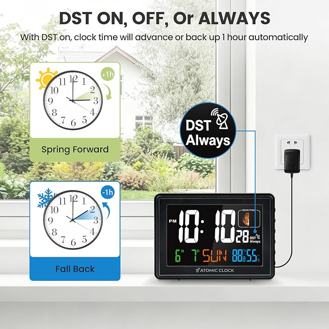 Digital Atomic Alarm Clocks for Bedrooms Battery Backup | Color Display, Self-Setting Clock, Auto DST, Indoor Temperature Humidity, Moon Phase, Calendar, Time, Day of Week, Black