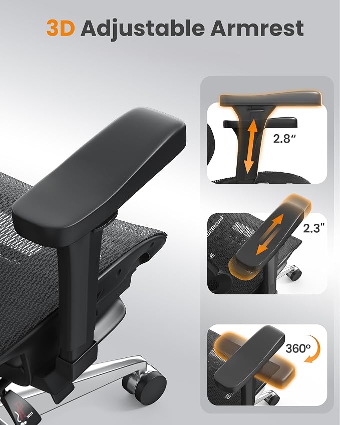 naspaluro Ergonomic Office Chair High Back for Home, Work and Gaming Black | Mesh Desk Chair with Adjustable Lumbar Support, 3D Headrest and Armrests, Footrest, Swivel Computer Chair 350lbs Capacity