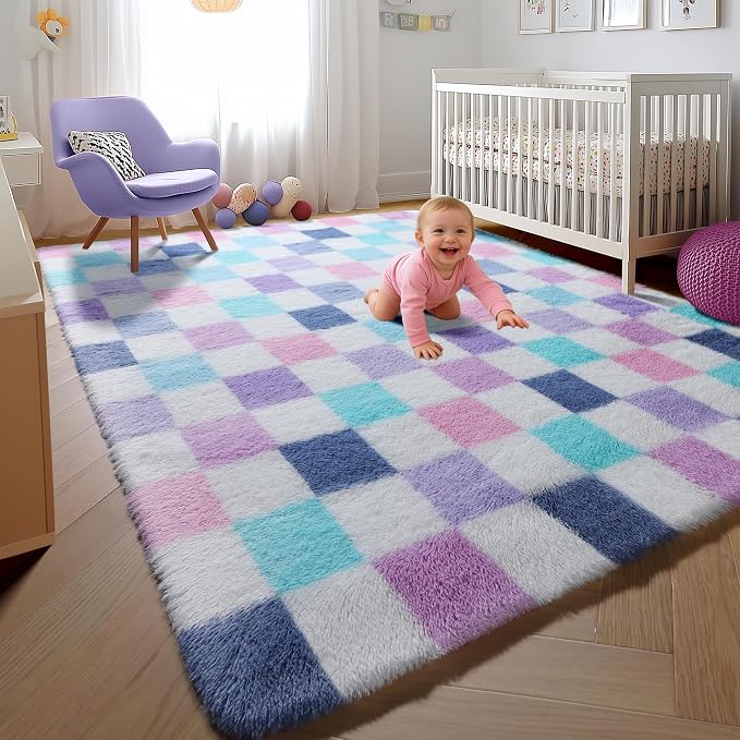 KICMOR Purple Rainbow Area Rugs for Bedroom Living Room, 4x6 Fluffy Soft Colorful Checkered Rug Fuzzy Shag Shaggy Bedside Cute Plush Carpet for Kids Boys Girls Dorm Nursery Home Decor Aesthetic