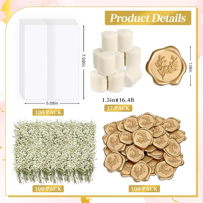 Wedding Invitation Accessories Kit, Pre-Folded Vellum Jackets for 5×7 Invitations with Wax Seal Stickers, Ribbon & Dried Flowers, Elegant Wedding Invitation Accessories for DIY Bridal Invites (Off-White, 100)