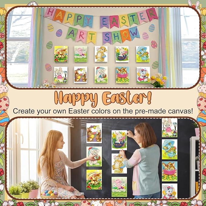 Blosssound 10 Set Easter Vintage Pre Printed Canvas Bunny Eggs Pre Drawn Canvas Painting with Easel Kits 5" x 7" Outline Painting Panels for Beginners, DIY Craft Project, Party Favor, Home Decors