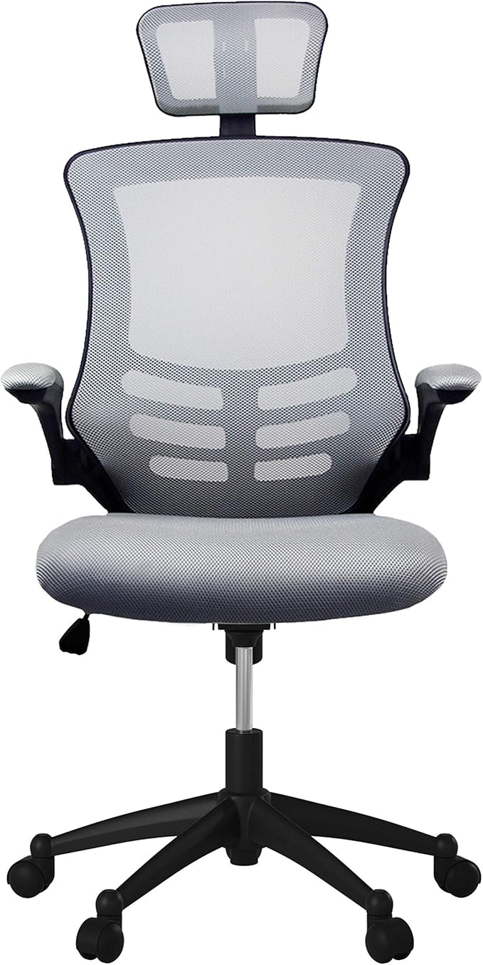 Techni Mobili High-Back Mesh Office Chair with Headrest,Recline,Silver Grey | Executive mesh office chair, adjustable headrest, flip-up arms, recline control, height adjustable, swivel chair, ergonomic