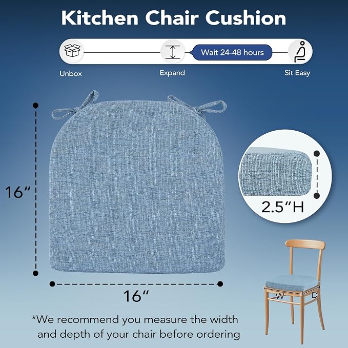 Chair Cushions for Dining Chairs, Non Slip Chair Pads with Ties and Covers, Memory Foam Kitchen Chair Cushions Set of 6, 16"X16"X2.5", Light Blue