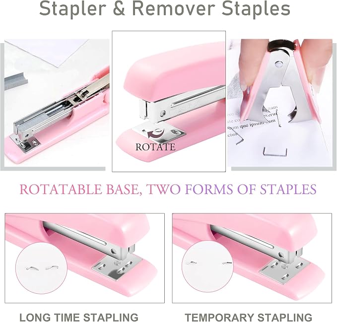 Pink Desk Accessories, Pink Office Supplies Accessories with Tape Dispenser, Stapler, Staple Remover, 1000 Staples, Tape, Clips Set, Ruler, Scissor, Pen