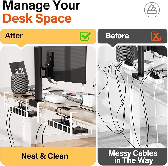 2 Pack Under Desk Tray, 31.4" No Drill Wire Management with Upgraded Clamp, Metal Cord Organizers for Desk, PC Cable Rack, White