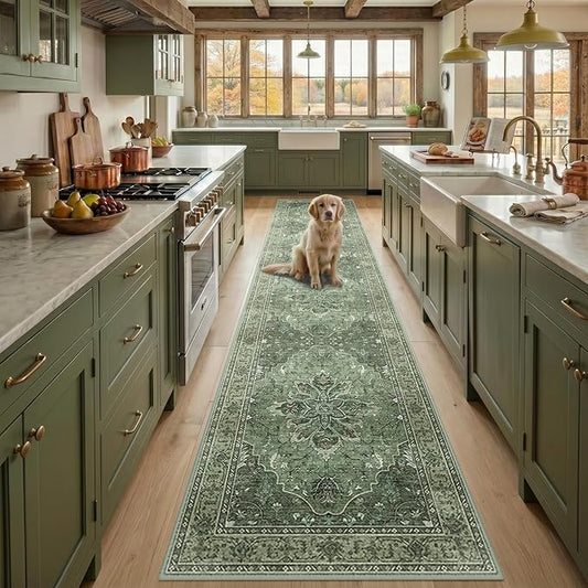 RELEANY Area Rugs Runner 2'6"x12' Washable Non-Slip, Floral Vintage Distress Medallion Carpet for Kitchen Hallway Bedroom Beside Laundry Room Bathroom, Dark Green Gray