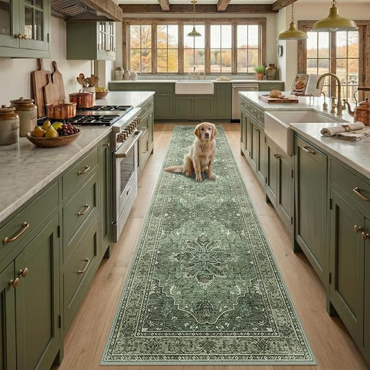 RELEANY Area Rugs Runner 3'x12' Washable Non-Slip, Floral Vintage Distress Medallion Carpet for Kitchen Hallway Bedroom Beside Laundry Room Bathroom, Dark Green Gray