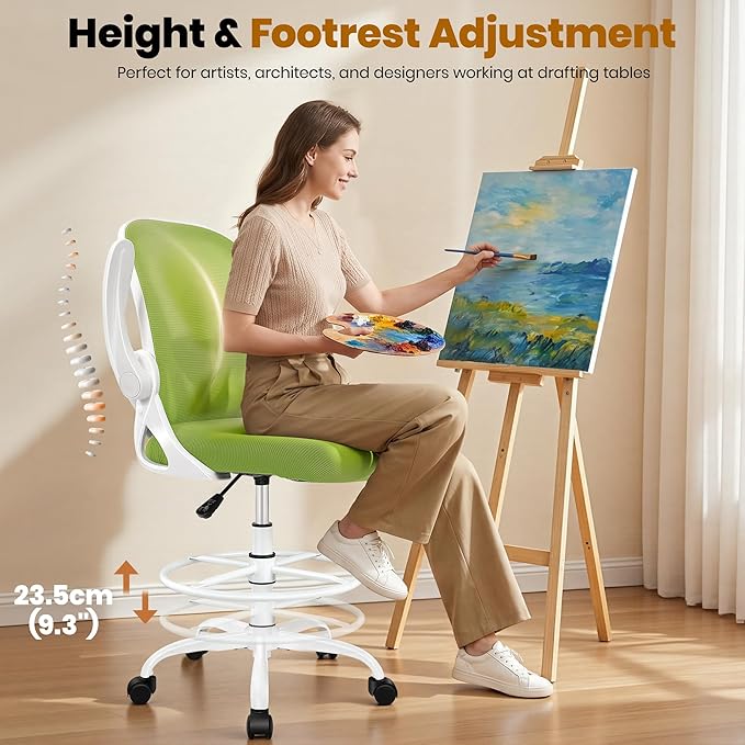 Primy Drafting Chair Tall Office Chair with Flip-up Armrests Executive Ergonomic Computer Standing Desk Chair with Lumbar Support and Adjustable Footrest Ring (Green)