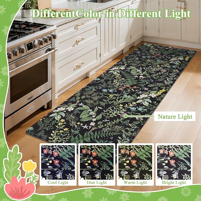 SHACOS Botanical Kitchen Rugs Set of 2, 17x27.5+17x47 inch | Black Green Anti Fatigue Mats for Kitchen Floor, Greenery Plants Ergonomic Cushioned Mats Leaf Floral Farmhouse