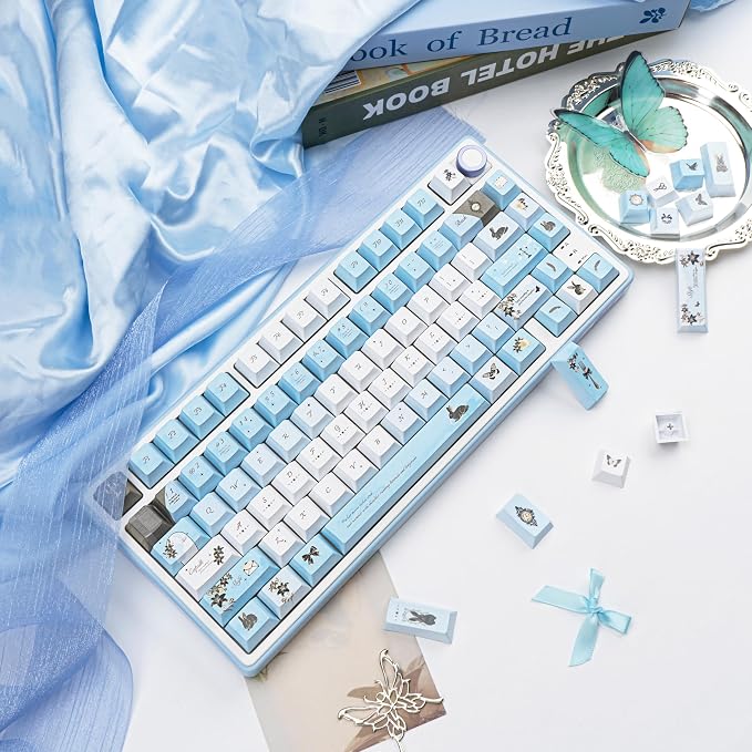 PBT keycap Set 145 Keys Cherry Profile, Blue White Lily Themed Aesthetic Keycaps Custom Dye-Sub Keyboard Keycaps for 60% 65% 70% 75% Cherry Gateron MX Switches Mechanical Keyboards