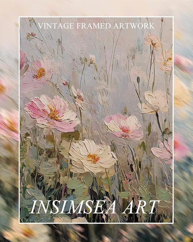 InSimSea Extra Large Framed Vintage Wall Art, Living Room Country Farmhouse Decor, Spring Wildflowers Field Landscape Canvas Prints, Retro Scenery Long Pictures for Bedroom Above of Bed,20x40inch