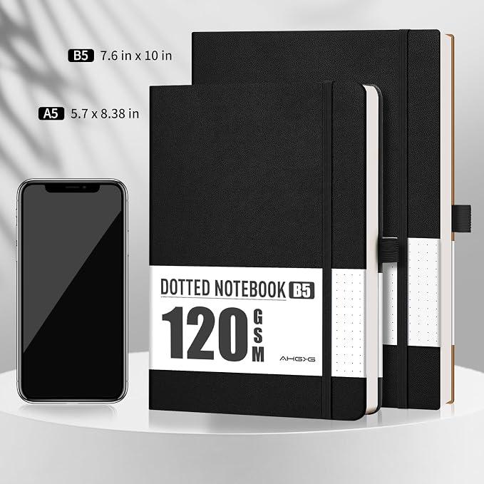 AHGXG Dotted Journal - Dot Grid Notebook Journal, 120 GSM Thick Acid-Free Paper, Large B5 Dotted Notebook 96 Pages, Leather Softcover, Inner Pocket, Journal Stencil, 7.6'' X 10'', Black