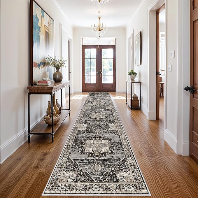 RUUGME Hallway 3x14 Runner Rugs - Large Boho Rugs for Living Room Stain Resistant Carpet Vintage Tribal Rugs for Bedroom Kitchen Bathroom Non Slip Backing Home Decor Floor Decoration Mat 3X14 Black