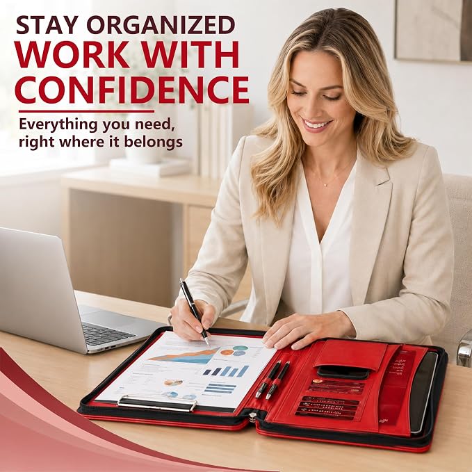 Darolin Vegan Leather Padfolio Portfolio with Handle, Zipper -Red | Business Portfolio Organizer for Meetings, Interviews, Travel, Resume, Clipboard Fits A4, Letter Size, Padfolio for Men Women