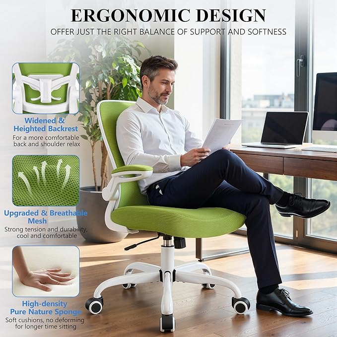 FelixKing Office Chair, Ergonomic Desk Chair Breathable Mesh Chairs Adjustable High Back Lumbar Support Flip-up Armrests, Executive Rolling Swivel Comfy Computer Chairs Home Office Green