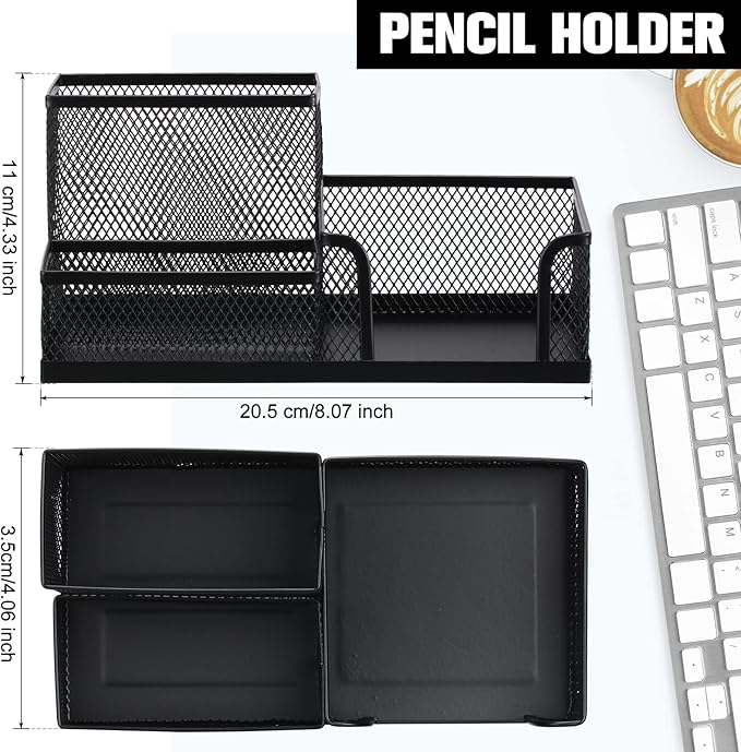 Ferraycle 4 Pcs Mesh Desk Organizer 3 Compartments Mesh Pen Holder Sticky Notes Pencil Holder Metal Caddy Desk Pen Organizer for Desktop Accessories Storage Baskets Home Office School(Black)