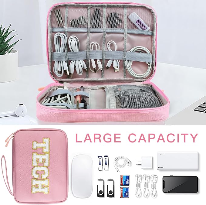 COSHAYSOO Electronics Bag Case Cable Cords Organizer Travel Essentials for Women College Teen Girls Vacation Dorm Accessories Preppy Personalized Gift (Large Pink)