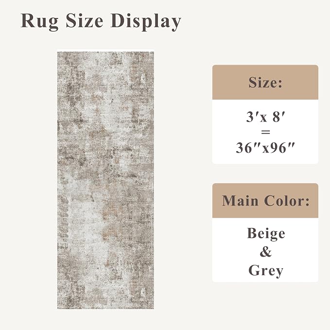 Washable Non Slip Runner Rug 3x8 – Hallway Runner Rug & Kitchen Carpet Runner – Modern Abstract Neutral Low Pile Area Rug for Entryway Bathroom Bedroom (Beige Grey)