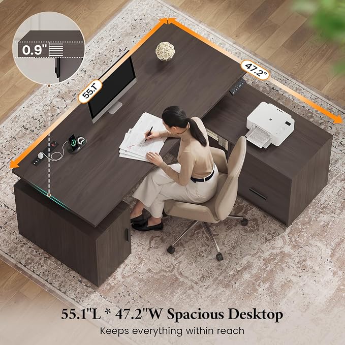 L Shaped Electric Standing Desk with 3 Drawers and Power Outlet, 55.1" x 47.2" Height Adjustable Home Office Executive Desk with File Cabinet and Storage Shelves, Modern Large Business Computer Table