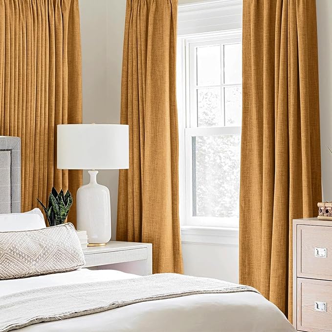 MIULEE 100% Blackout Linen Textured Curtains for Bedroom Solid Thermal Insulated Mustard Yellow Grommet Room Darkening Curtains & Drapes Luxury Decor for Living Room 52 x 108 Inch (2 Panels)