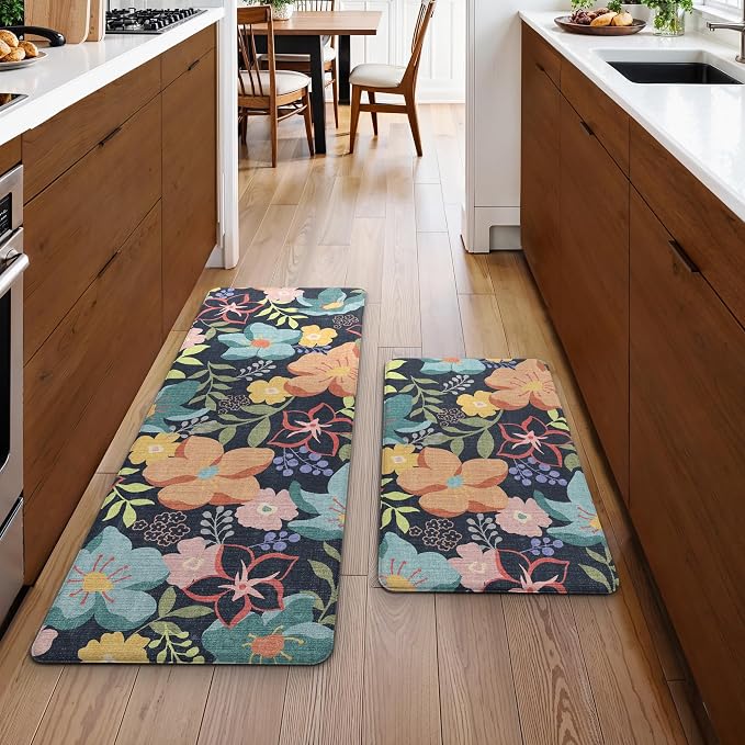 GENIMO Anti Fatigue Kitchen Mats for Floor 2PCS, Cushioned Standing Mats | 17.3"x47"&17.3"x30", Light Black vintage floral rug set, waterproof, non slip, easy-clean for farmhouse