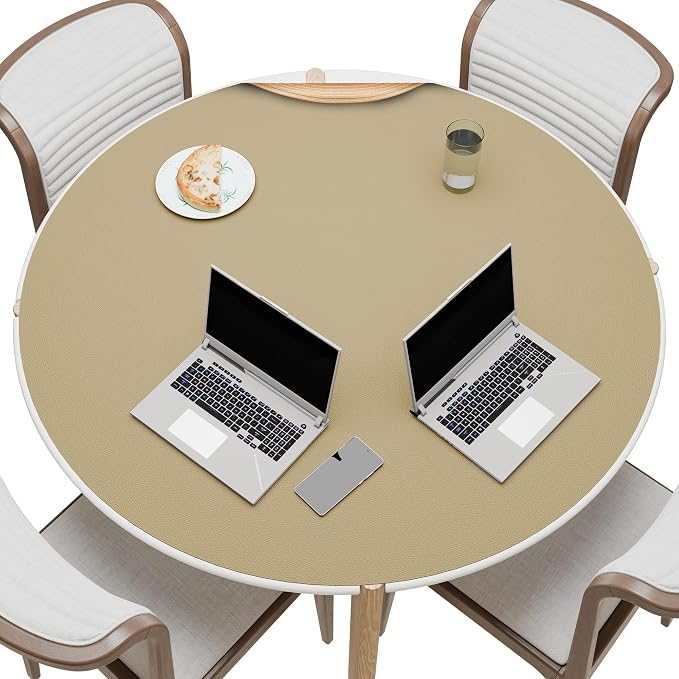 MAIDERN 42 Inch Round Cork & Leather Table Pad Protector, Cuttable Size (36-42 Inch), Trimmable Dining Table Mat, Heat Resistant/Non-Slip Table Cover for Kitchen, Office, or Restauran (Golden)