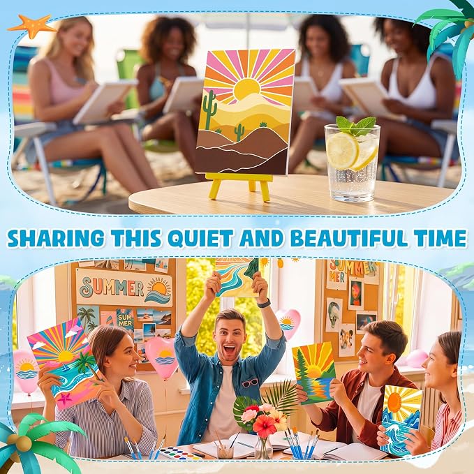 Blosssound 10 Set Pre Printed Sunrise Canvas Pre Drawn Canvas Painting with Easel Kits 5" x 7" Outline Painting Panels for Beginners, DIY Craft Project, Party Favor, Home Decors