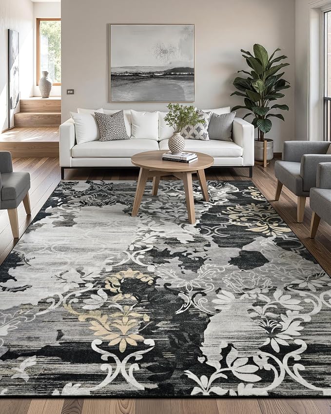 Washable Abstract Rug, 6x9 Black Floral Area Rugs with Non-Slip Rubber Backed for Living Room, Low Pile Modern Throw Carpet Bedroom Dining Room Decor