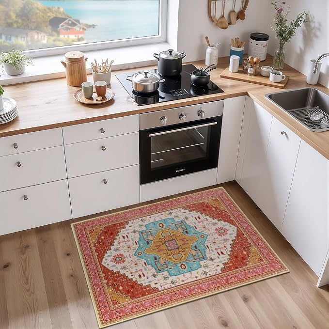 Macgace 2x3 Orange Pink Small Area Rug for Entryway, Soft Washable Rugs with Non-Slip Backing for Bedroom Kitchen, Vintage Throw Carpet Laundry Entry Front Front Door Decor