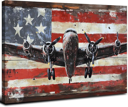 Vintage American Flag Airplane Wall Art Old Engine Aircraft Pictures for Living Room Retro Propeller Wall Decor Poster Aviation Canvas Prints Modern Artwork Bedroom Office Home Decorations 32x48"