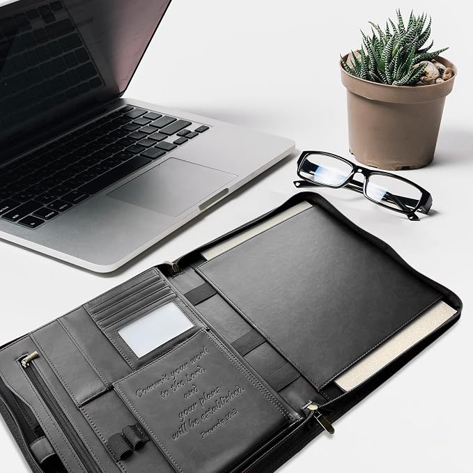 DEHITE Leather Portfolio for Men – Padfolio Case for Men and Women – Black Bible Notebook Organizer – Pen Slots – Zipper Binder – Premium PU Leather – Feels Like Full-Grain – Office Gift Accessories