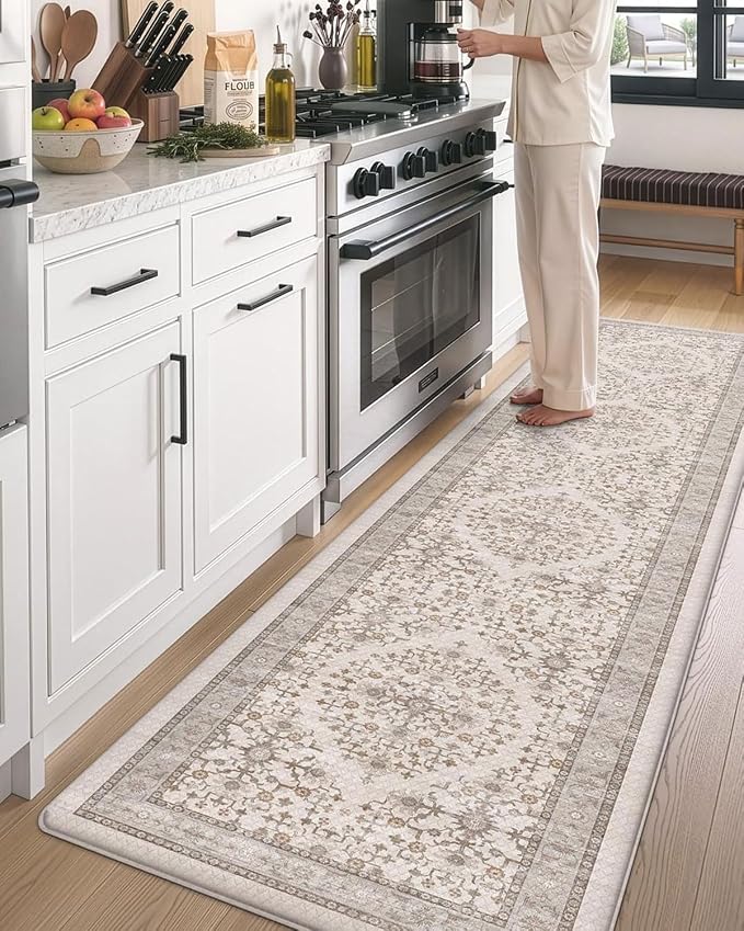 DEXI Kitchen Floor Mats Cushioned Anti Fatigue, 23x59 Rubber Standing Comfort Runner Rug, Waterproof Retro Floral Memory Foam Padded for Front Sink Laundry, Beige and White