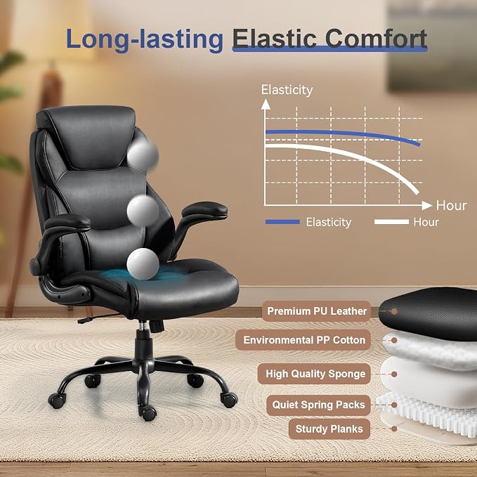 Brage Living Big and Tall Office Chair 400LBS, Heavy Duty Leather Executive Desk Chair with Flip-Up Arms, High Back Swivel Rolling Computer Chair with Rocking Function for Home Office (Black)