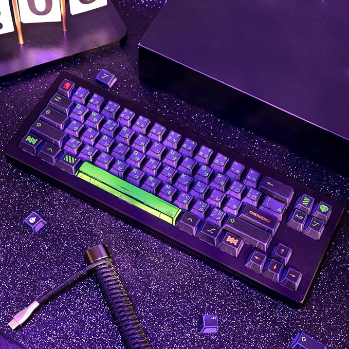 Manga Themed Japanese Keycaps, Retro PBT Keyboard Key Caps Dye Sublimation KeyCap with Cherry Profile, 130 Keys Purple Custom Keycap Sets for Cherry MX Mechanical Keyboard