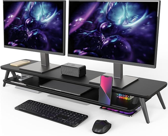 Fenge Dual Monitor Stand, Monitor Stands Riser for 2 monitors, 42.5 Inch Wood Desk Shelf with Storage Organizer and Cable Management for Office Desk Accessories | 42.5-Inch Wide, Sturdy Aluminum Legs, Built-In Phone & Tablet Slot, Desktop Organizer for...