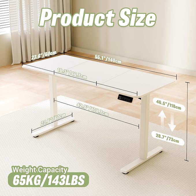 ERGOMAKER 55"x24" Standing Desk, Height Adjustable Sit-Stand Office,White | Electric Adjustable Standing Desk, Sit to Stand Computer Office Desk with Splice Board, Memory Preset, Lifts 28.7''-46.5"