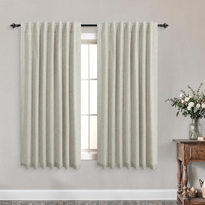 KOUFALL 52x45 Inches Long Griege Back Tab Linen Blackout Curtains for Living Room