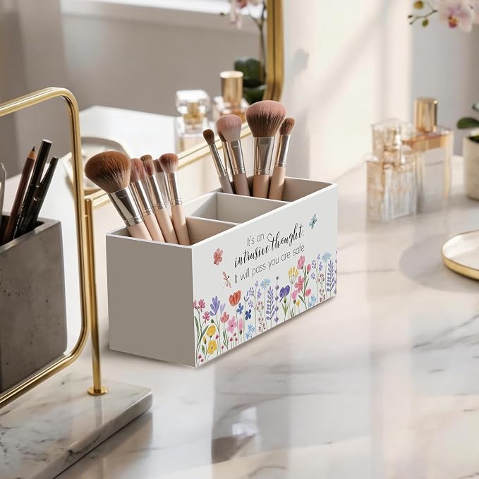Floral Mental Health Wooden Pen Holder for Desk, Mindfulness Positive Reminder Psychology Wildflower Pencil Organizer Wooden Box Sign for Therapy Counselor Office Girls Room Decoration