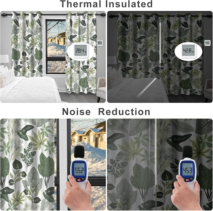 Blackout Curtains 84 Inch Length 2 Panels Set, Tropical Leaves Pattern Printed Thermal Insulated Drapes Noise Reduction Room Darkening Grommet Blackout Curtains for Bedroom Living Room Window