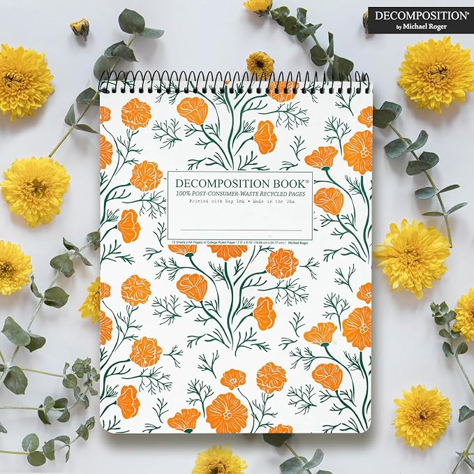 Decomposition Cali Poppies Top Bound Spiral Notebook – 7.5 x 9.75 Journal, College Ruled Lined Pages – Left-Handed Friendly Notebooks Ideal for Students, Artists & Office Professionals – Made in USA