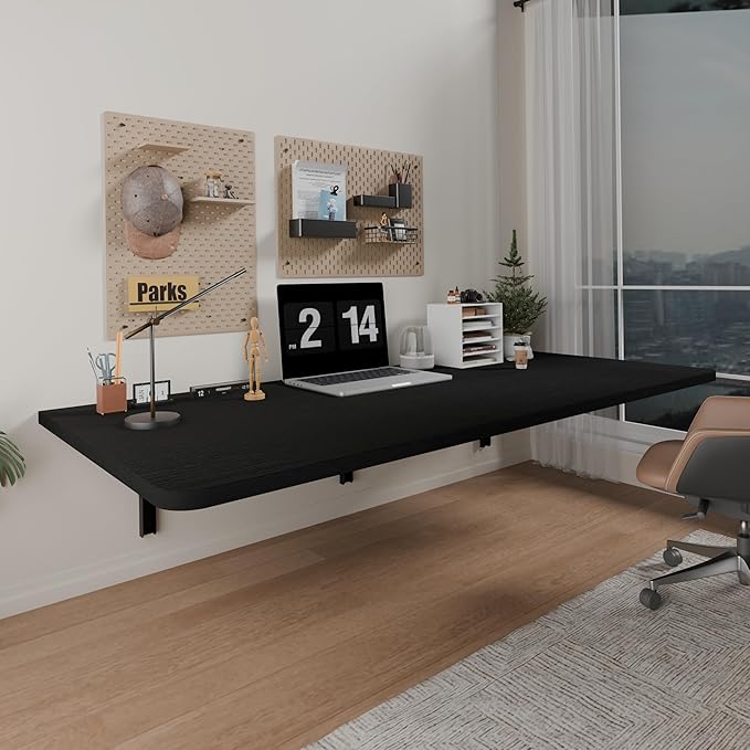 IAE 48" x 22" Floating Foldable Desk,Wall-Mounted Folding Computer Table with Engineered Wood,Study Table with Shelf Brackets,Fold Down Shelf,Fold Computer Desk for Small Apartment,Holds 500 lb,Black