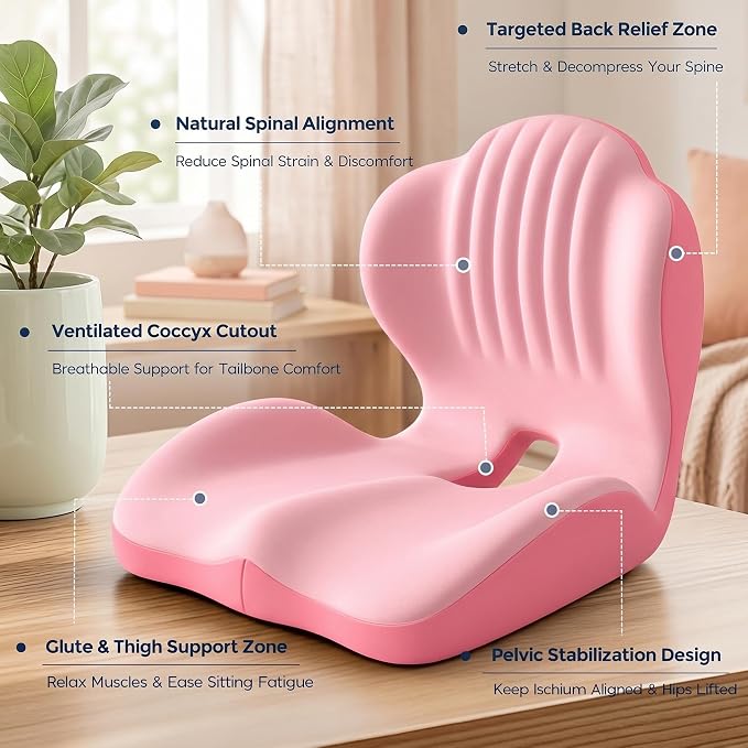 Ergonomic Lumbar & Seat Support Cushion, 2-in-1 Memory Foam Cushion with Coccyx Hollow Design for Office Chair, Car Seat, Home Use - Relieves Back & Hip Pain (Pink)