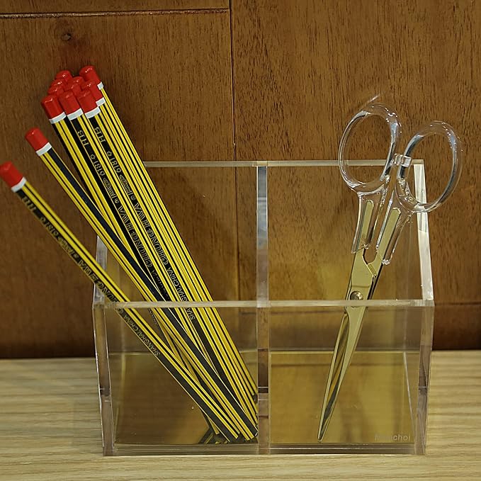 Mouchoi Modern Acrylic Pen Holder with 2 Compartments Gold Base, Multifunctional Pencil Holder for Desk Gold Mirror, Makeup Brush Holder, Marker Holder for Office, Classroom, Home
