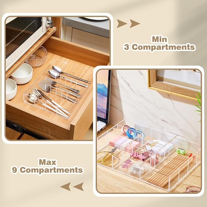 Briwooody Clear Acrylic Drawer Organizer,9 Compartments,Medium | 8.66 x 11.81 x 1.97 Inch Desk Storage Tray Organizer for Pen, Stationery, Desktop, Office, Bathroom, Kitchen, Makeup Supplies