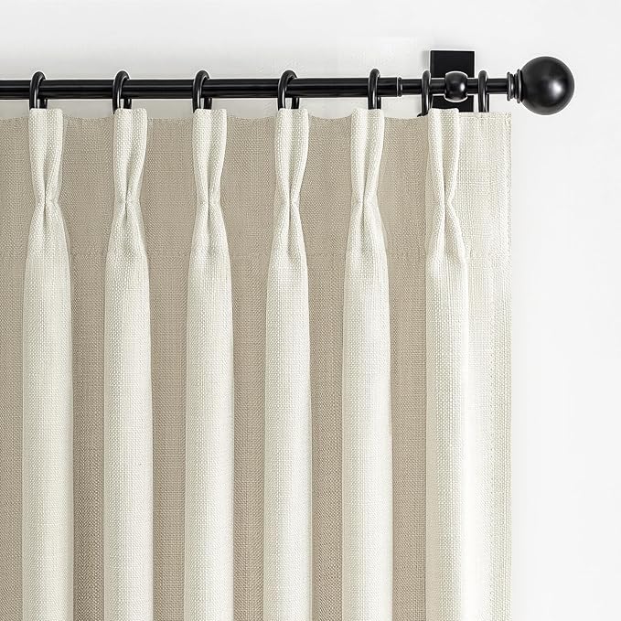 Cream Blackout Pinch Pleated Kitchen Curtains 63 Inch Long Panels 2 Sets for Windows, Boho Memory Trained Double Layer Thick Linen Insulated Thermal Cafe Curtain Soundproof Room Darkening Short Drapes