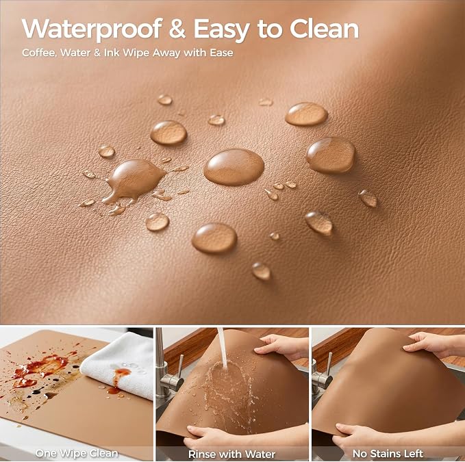 1.6mm Thick Leather 18x84 Inch Non-Slip Mat, Waterproof Countertop Protector, Extra Long Kitchen Counter/Dining Table Protector, Caramel Brown