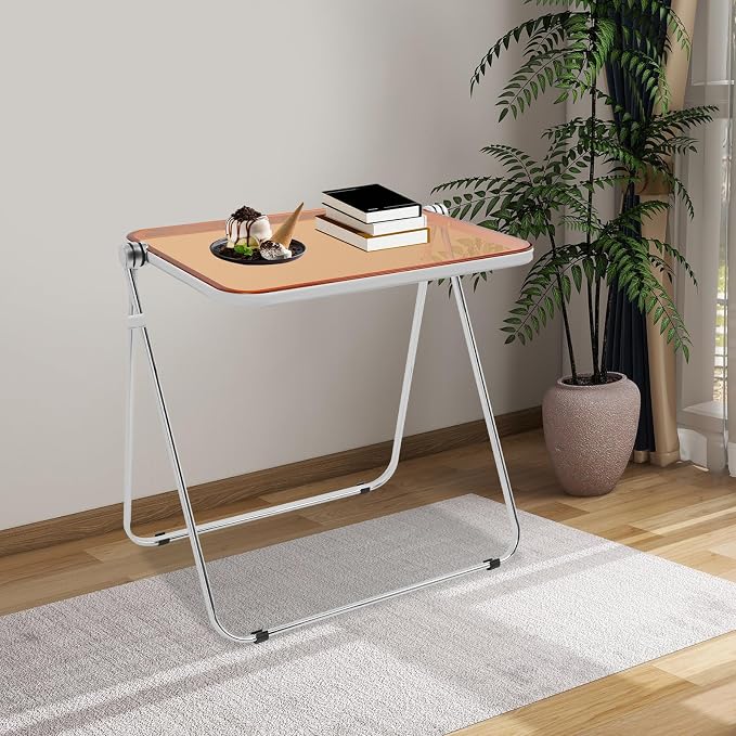 Folding Table, Clear Foldable Side Table & Tiny Desk for Home Office - No Assembly Required Small Computer Desk with Sturdy Metal Frame, for Living Room, Bedroom, Small Spaces